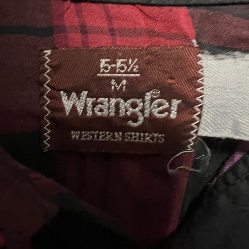Wrangler Mens Western Pearl Snap Shirt Red Black Purple Plaid Short Sleeve M - Picture 3 of 4